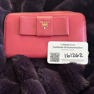 Auth PRADA Saffiano Fiocco Leather Bow Ribbon Bifold Long Pink Peonia Wallet COA